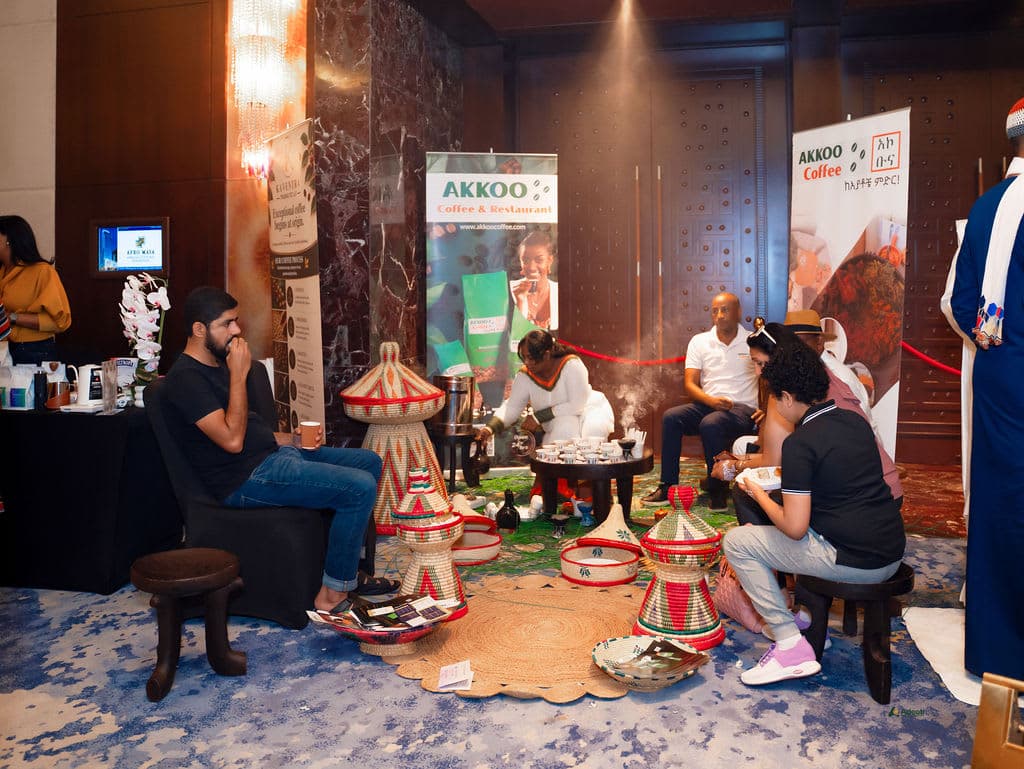 A traditional Ethiopian coffee ceremony at the AKKOO Coffee stand