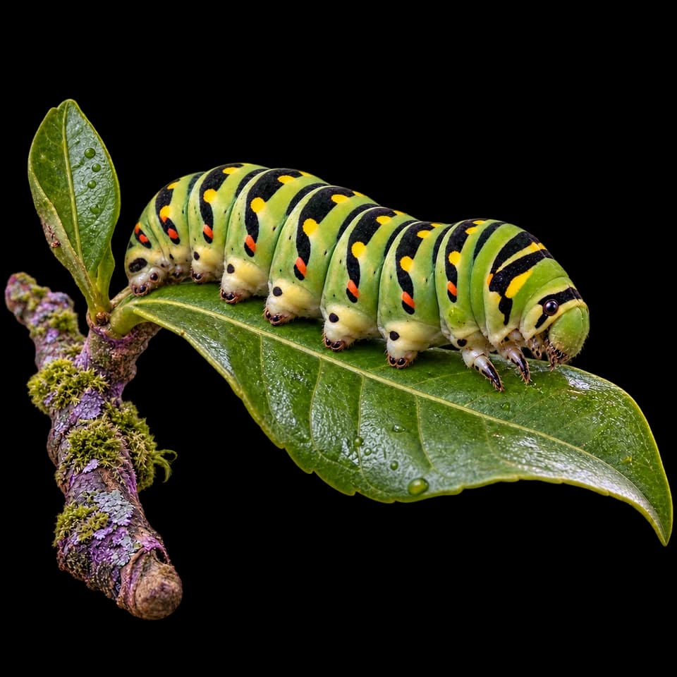 A green and yellow caterpillar resting on a leaf above a textured branch