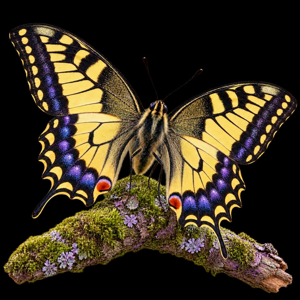A golden butterfly with violet wing accents perched on a mossy branch