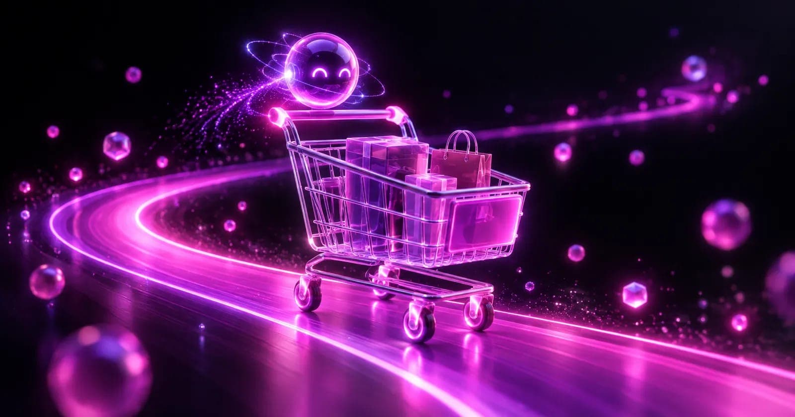 Glowing 3D shopping cart steered by a small AI spark along a light path, representing agentic AI-driven ecommerce shopping