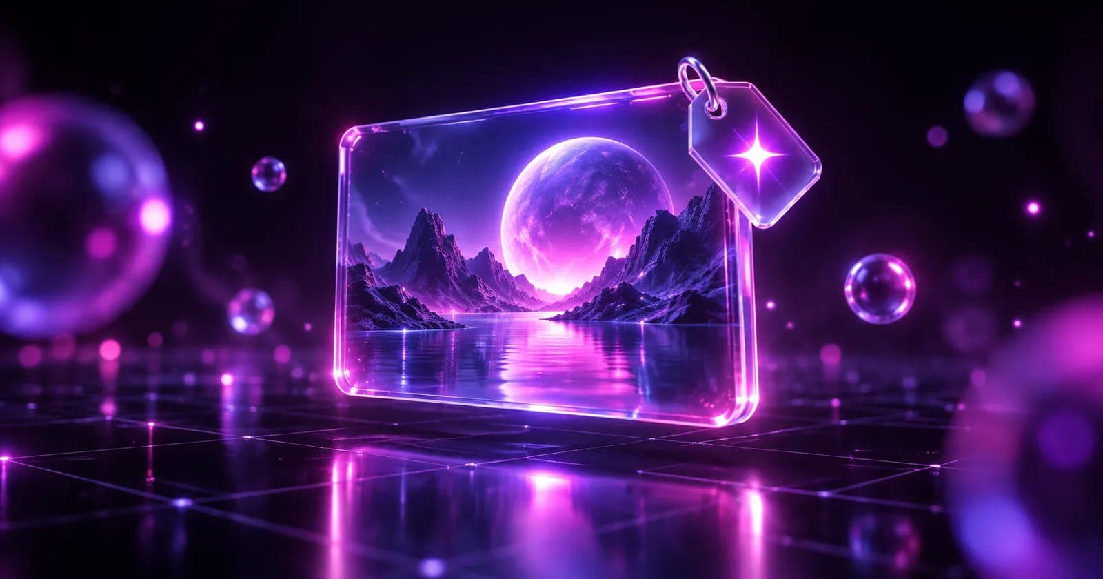 Glowing 3D ad panel with a label tag holding an AI spark, representing AI ad transparency labels