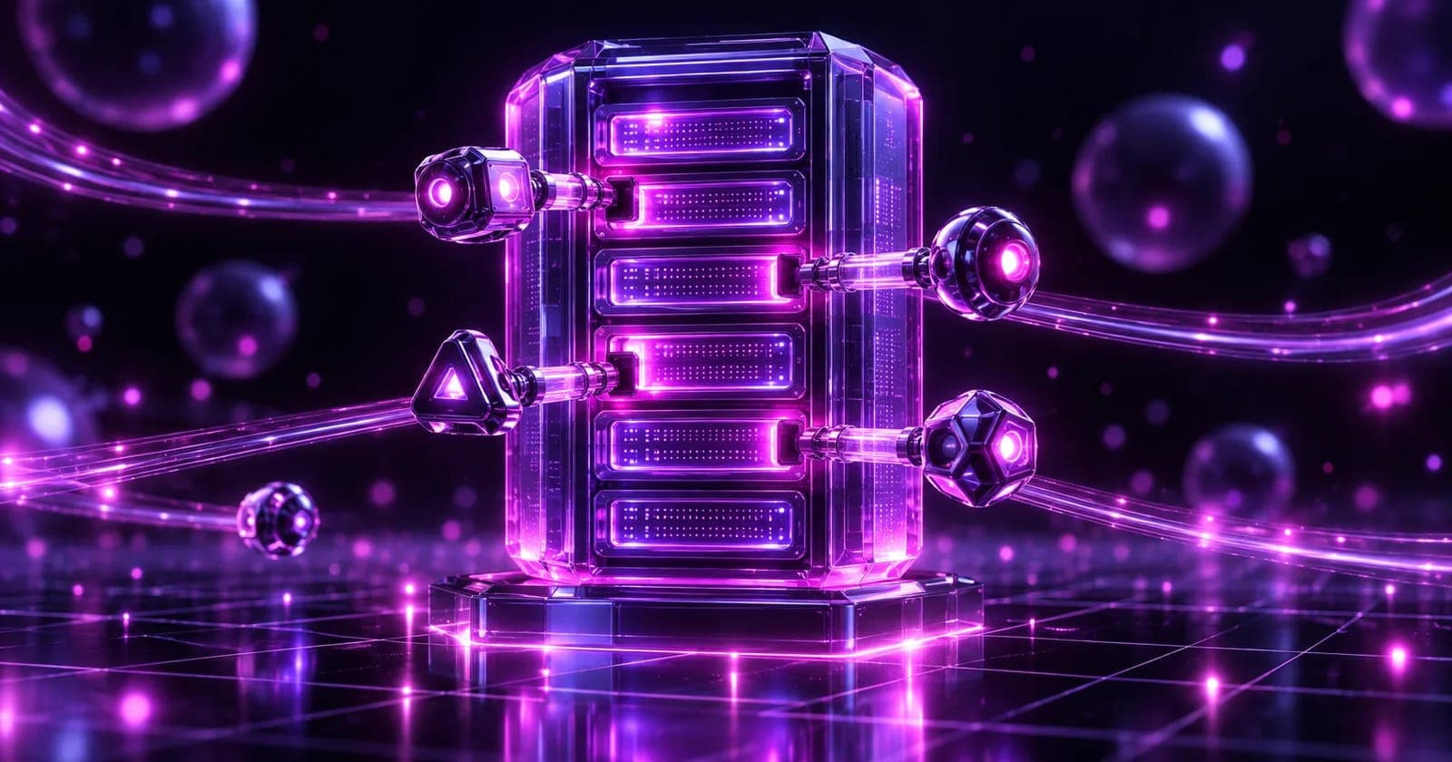 Glowing 3D server rack with robotic agents docking into its bays, representing AI agents moving into web infrastructure