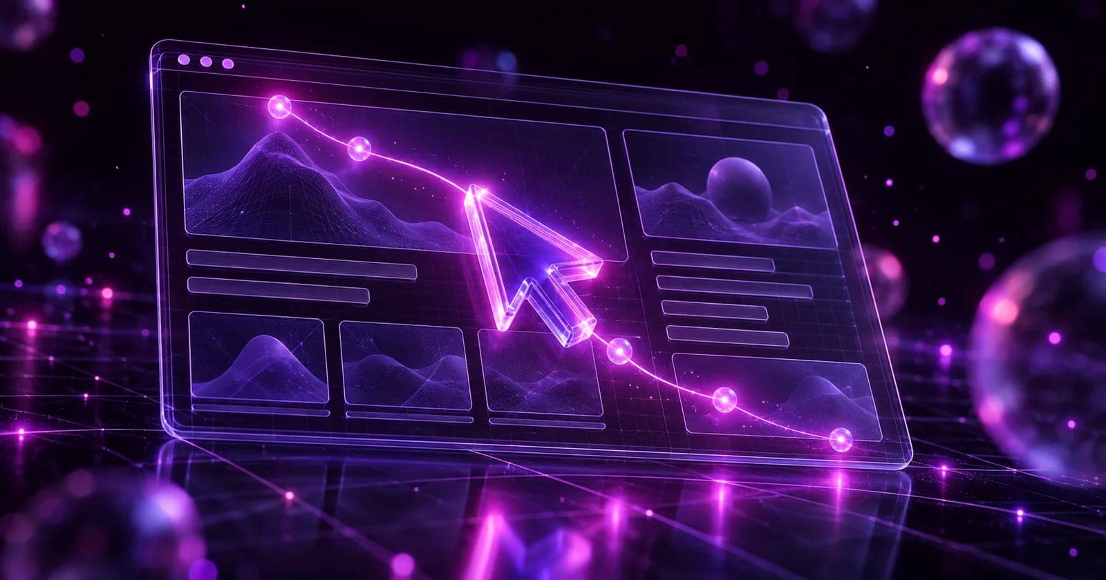 Glowing 3D robotic cursor tracing a path across a wireframe website layout, representing AI browser agents