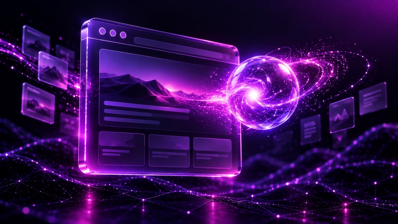 Glowing 3D browser window with a small AI spark orb emerging from it, representing AI browser agents for small business workflows