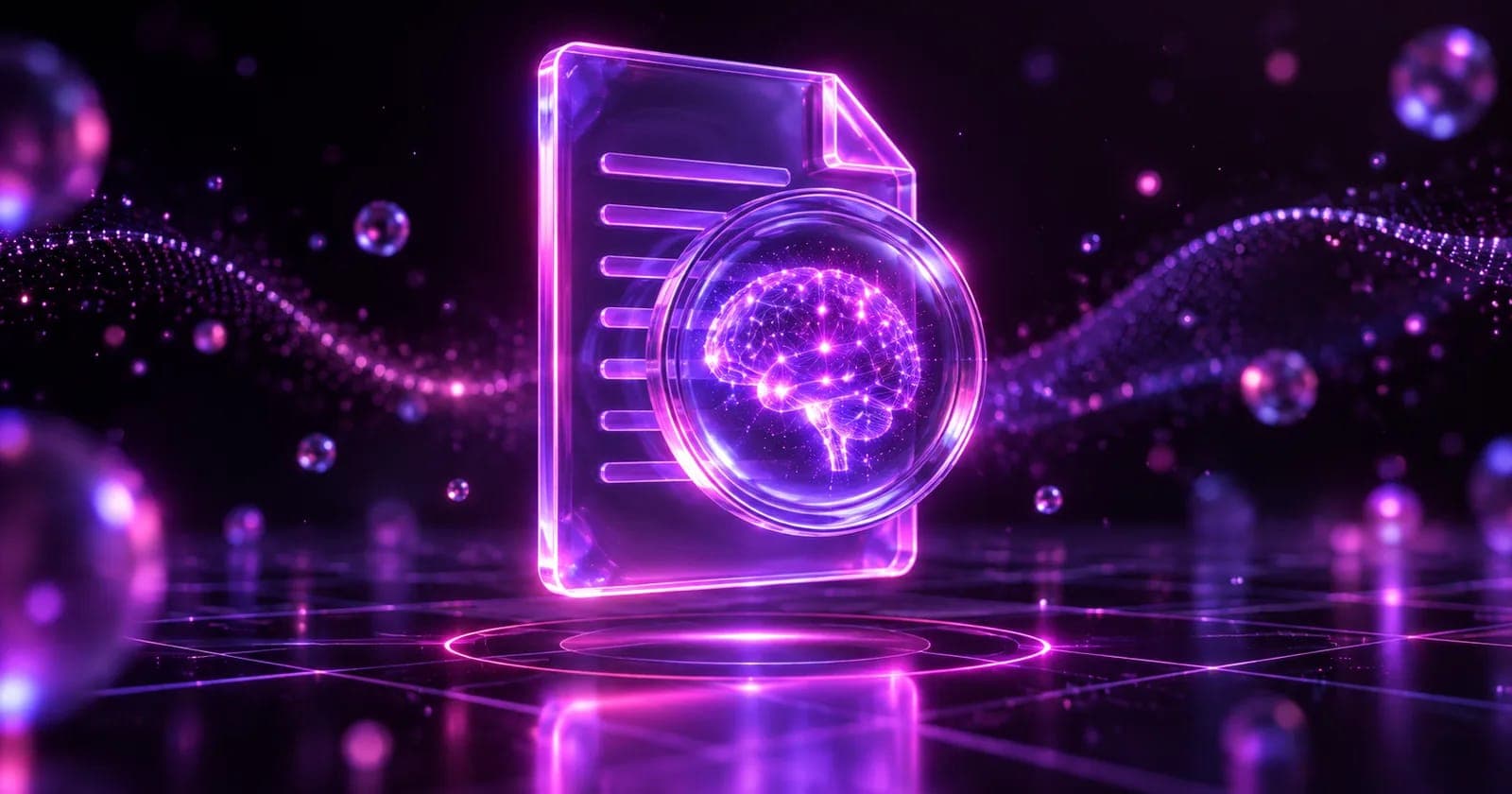 Glowing 3D policy document seen through a transparency lens revealing an AI spark, representing AI content transparency