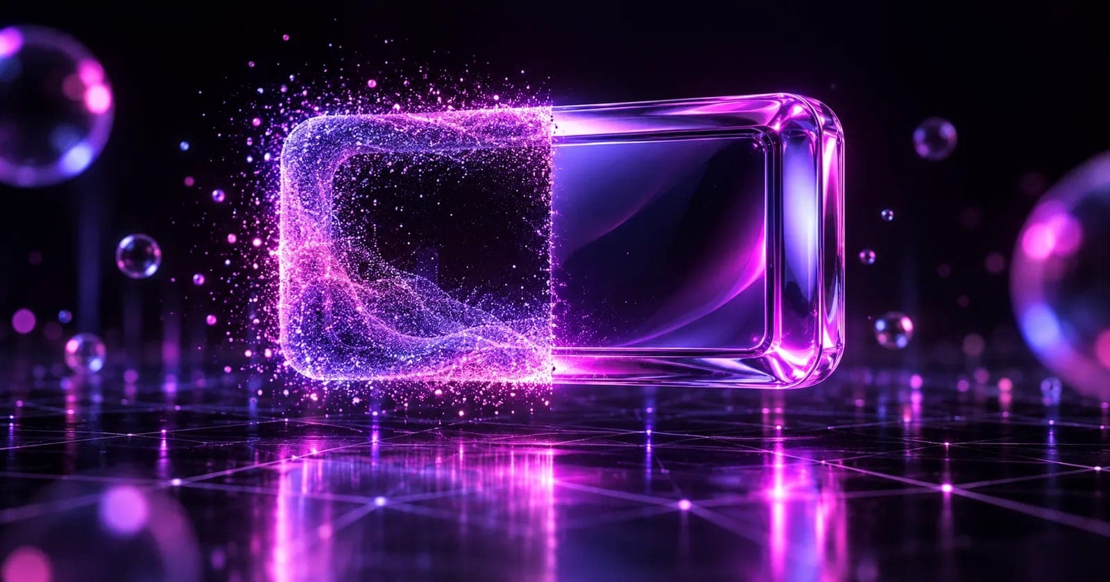 Glowing 3D ad frame split between AI-generated particles and a solid plate, representing when to use AI creative and when not to