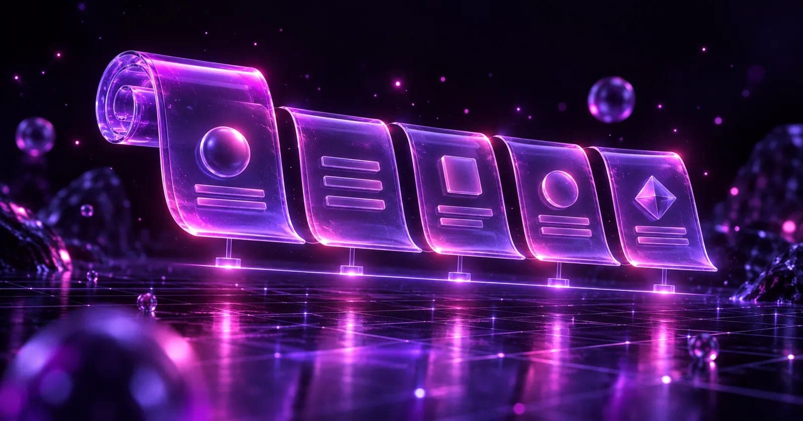 Glowing 3D scope document unrolling into separately lit reviewable segments, representing reviewable MVP scopes