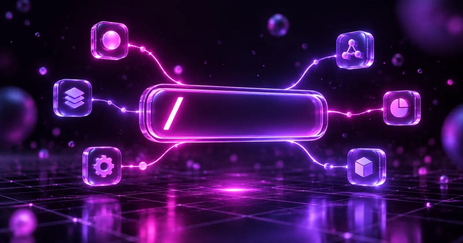 Glowing 3D command bar with a slash glyph branching to task nodes, representing AI slash commands and workflow automation