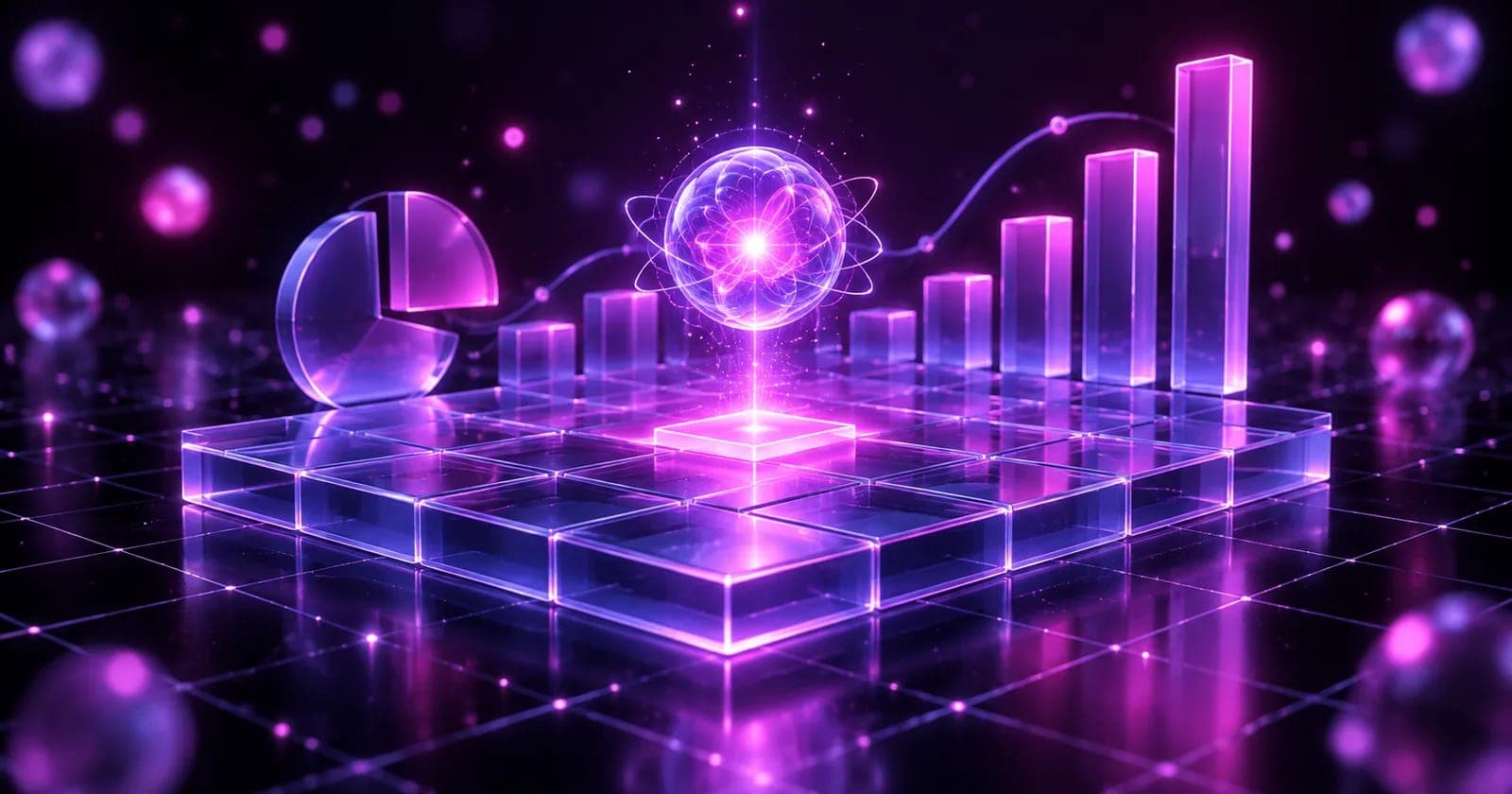 Glowing 3D spreadsheet with an AI spark and charts rising from its columns, representing AI spreadsheet reporting