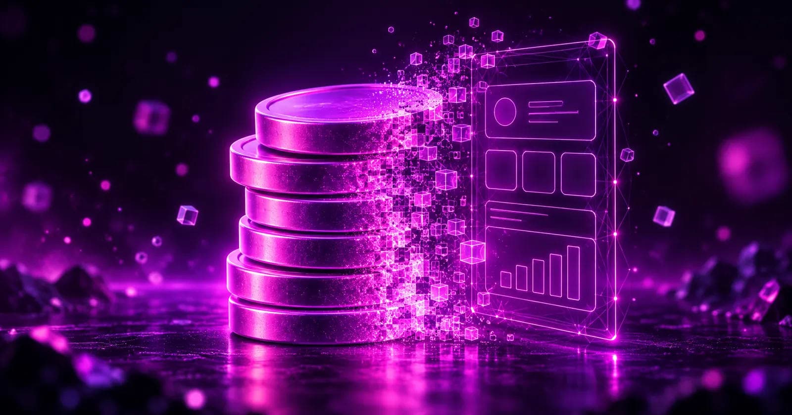 Glowing 3D coin stack transforming into an app interface wireframe, representing budgeting for app development cost