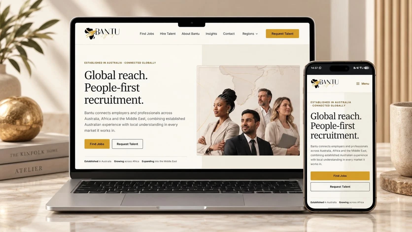 Bantu Recruitment Agency’s redesigned website displayed on a laptop and smartphone, showing candidate and employer pathways.