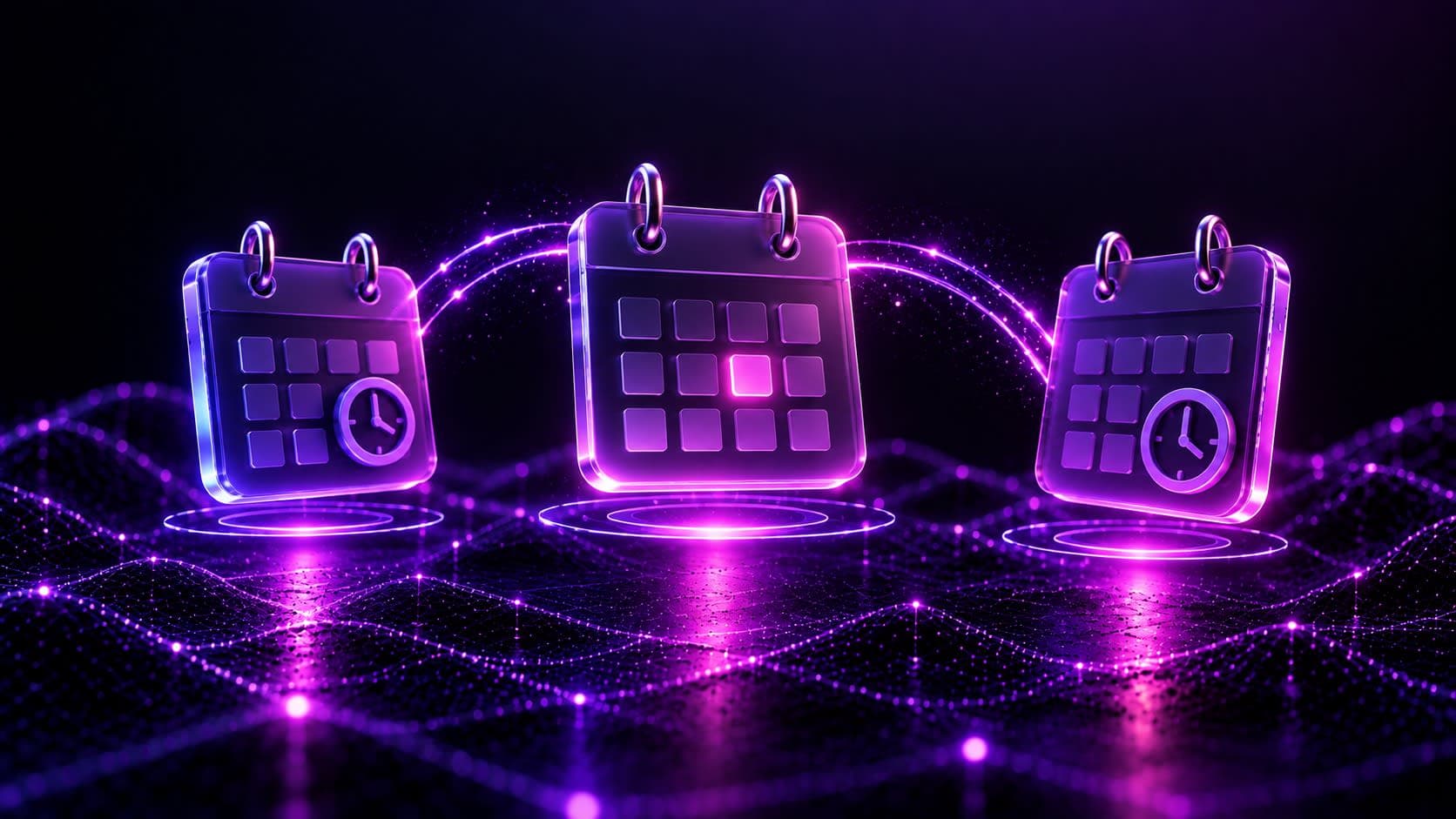 Three glowing 3D calendar and clock panels arranged in an arc, representing comparing appointment booking tools