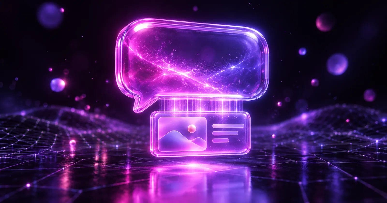 Glowing 3D chat answer bubble with an ad slot docked beneath it, representing ads inside AI answers