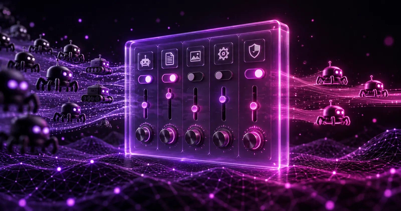 Glowing 3D control panel with toggle nodes filtering small bot silhouettes, representing Cloudflare AI crawler controls for website owners