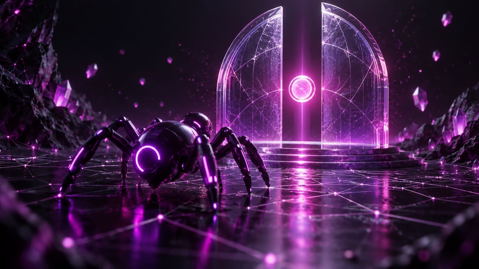 Glowing 3D bot icon approaching a translucent gate with a glowing payment node, representing Cloudflare Pay Per Crawl for AI bots