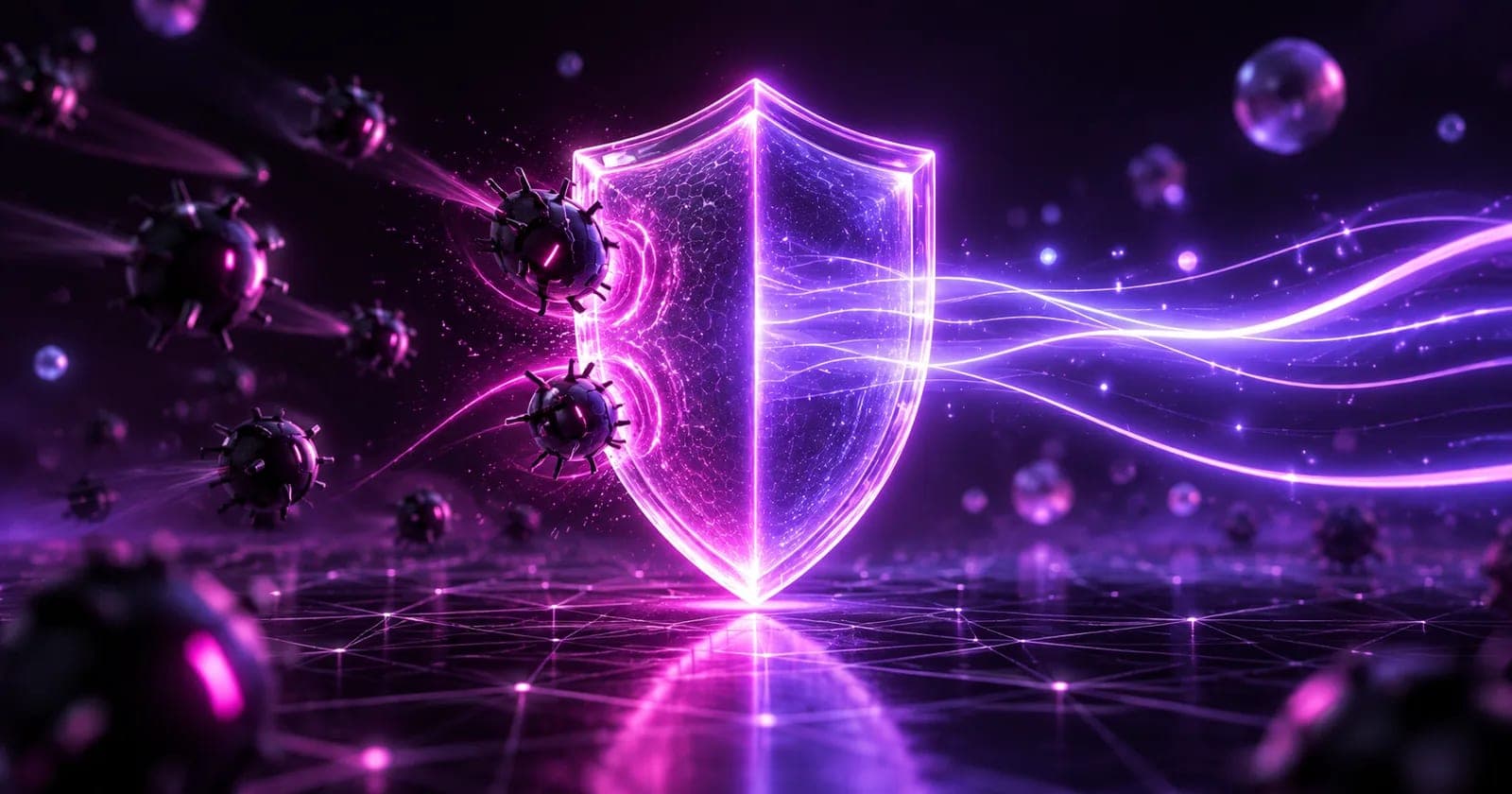 Glowing 3D shield gate deflecting bot silhouettes while light passes through, representing anti-spam tool choice