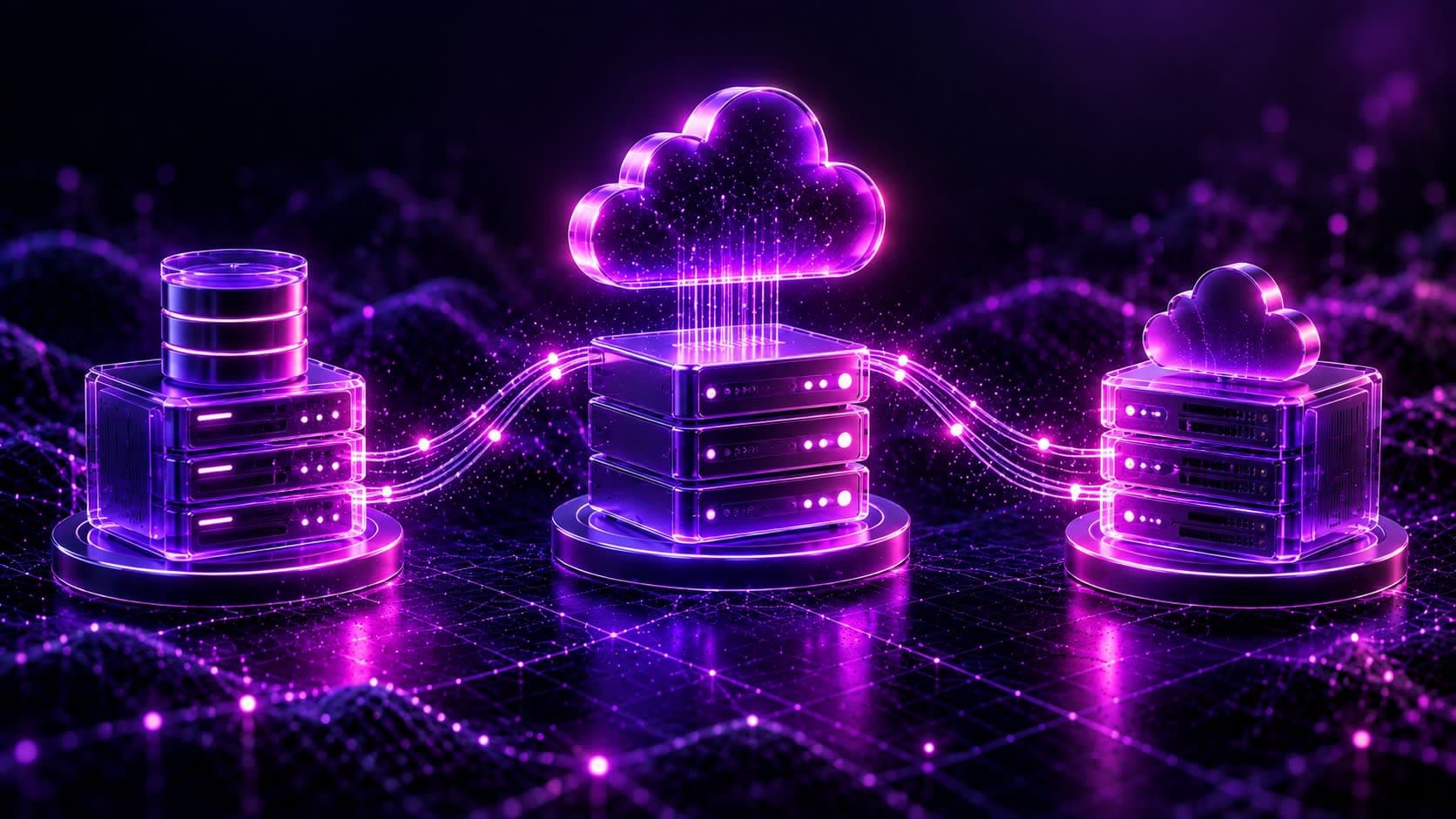 Three glowing 3D server and cloud icons arranged in an arc, representing comparing small business web hosting providers
