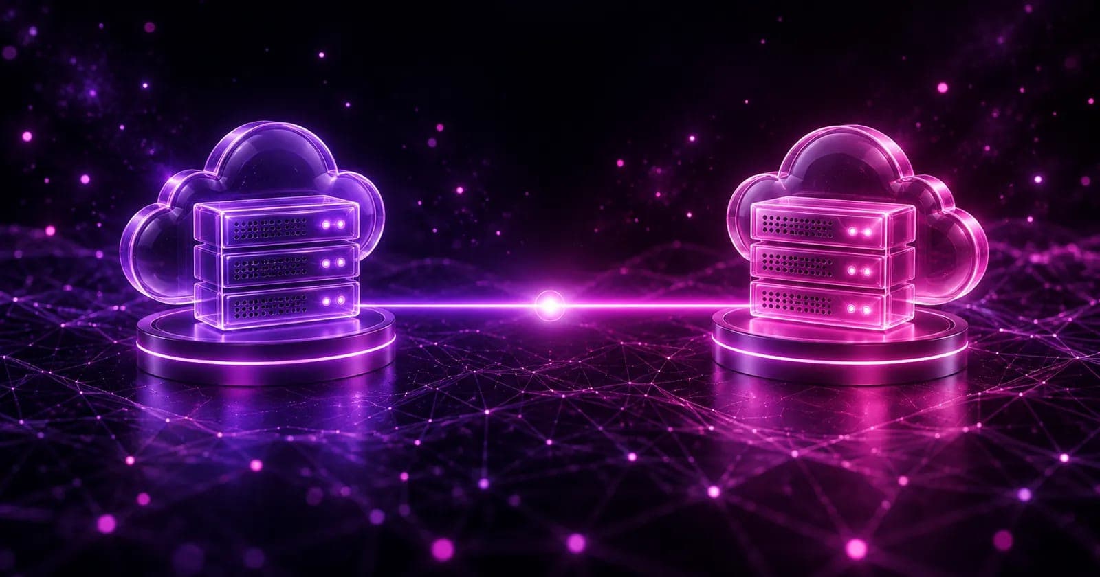 Two glowing 3D server icons facing each other on a light balance beam, representing comparing Cloudways and SiteGround hosting