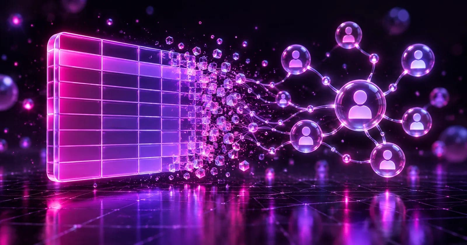 Glowing 3D spreadsheet grid dissolving into connected contact nodes, representing CRM versus spreadsheet