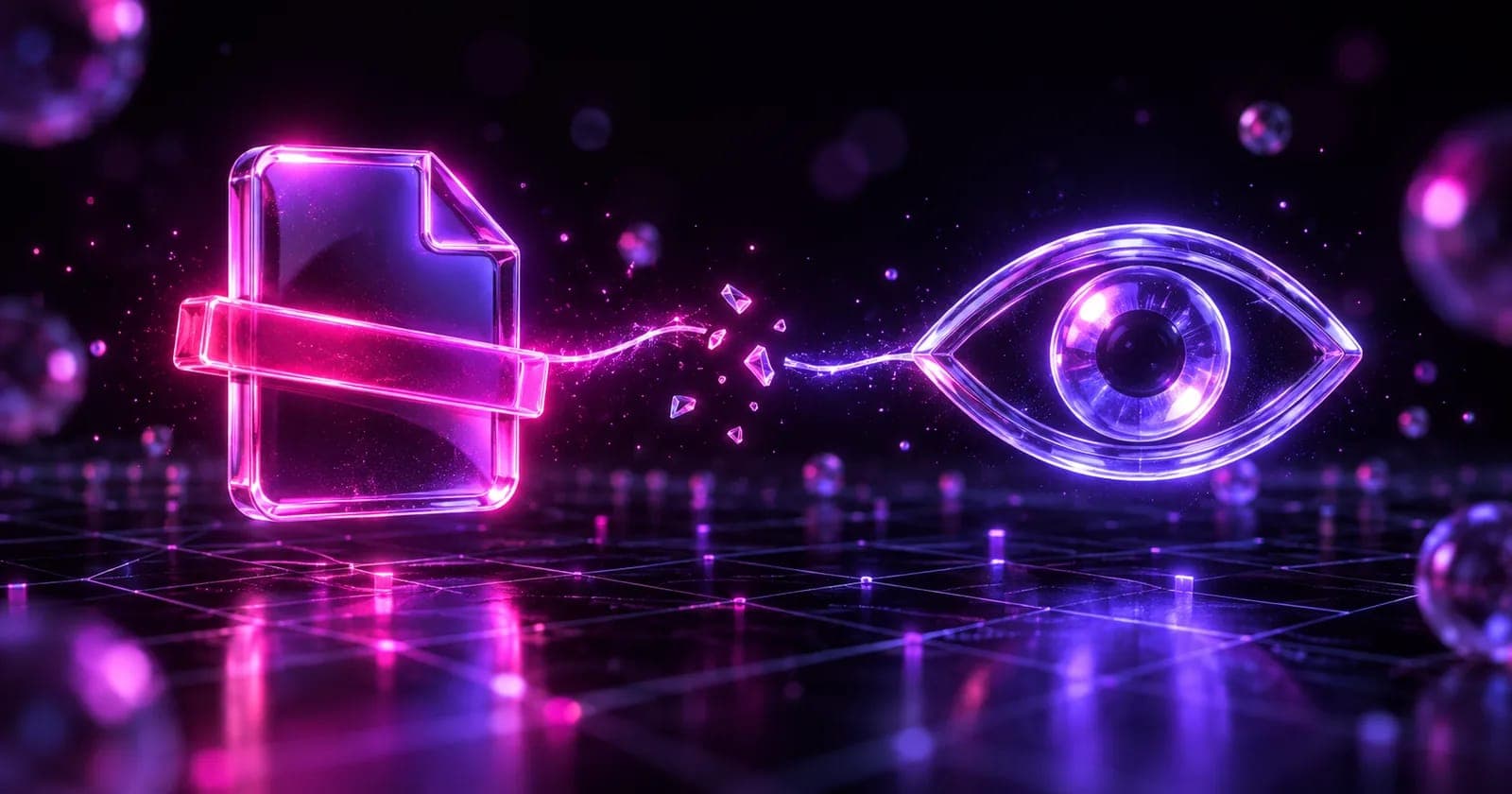 Glowing 3D blocked file icon beside a still-open eye icon with a broken light thread, representing disallow versus noindex