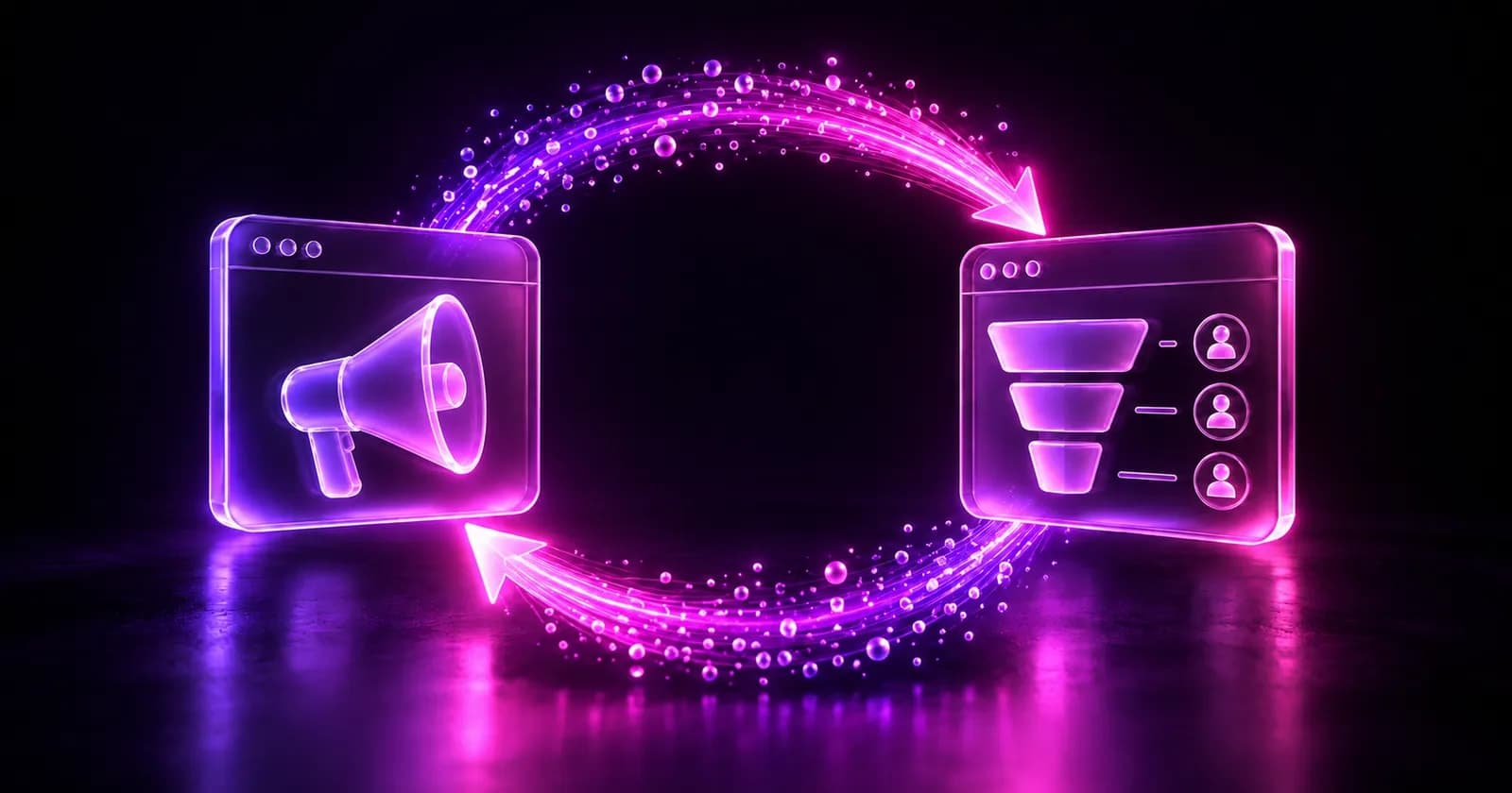 Glowing circular light loop connecting an ad icon and a CRM icon, representing enhanced conversions feeding sales data back to Google Ads