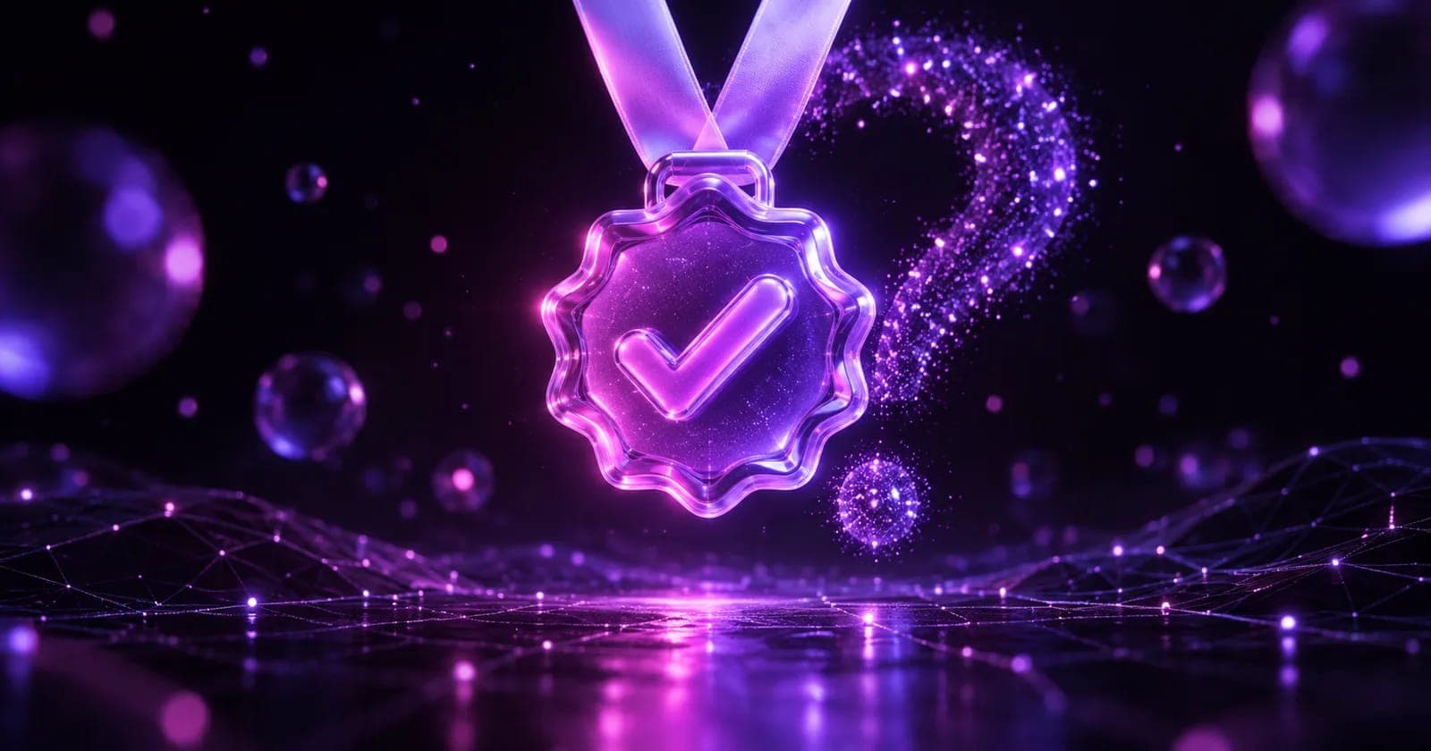 Glowing 3D verification badge on a light ribbon, representing whether paid verification is worth it