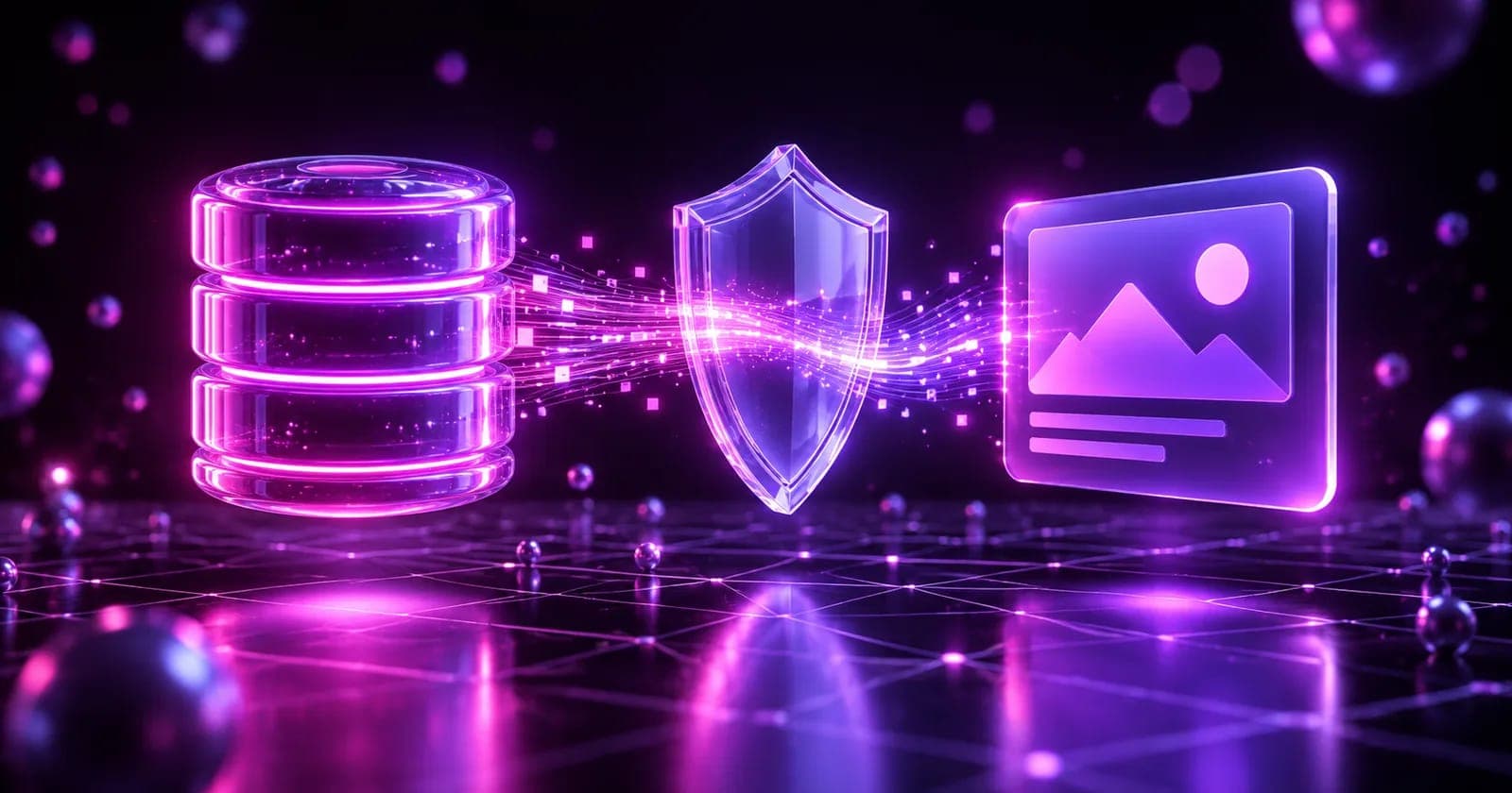 Glowing 3D database cylinder feeding light through a shield into an ad panel, representing first-party data for ads
