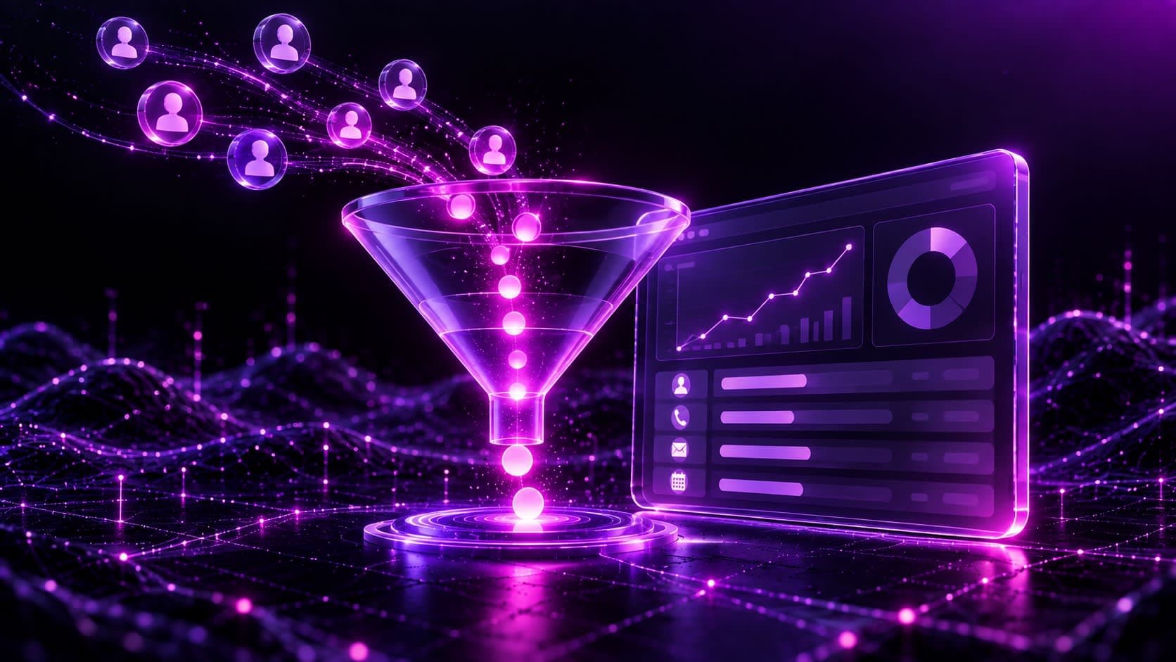 Abstract 3D funnel with glowing event nodes flowing through it, representing GA4 key event tracking for lead generation