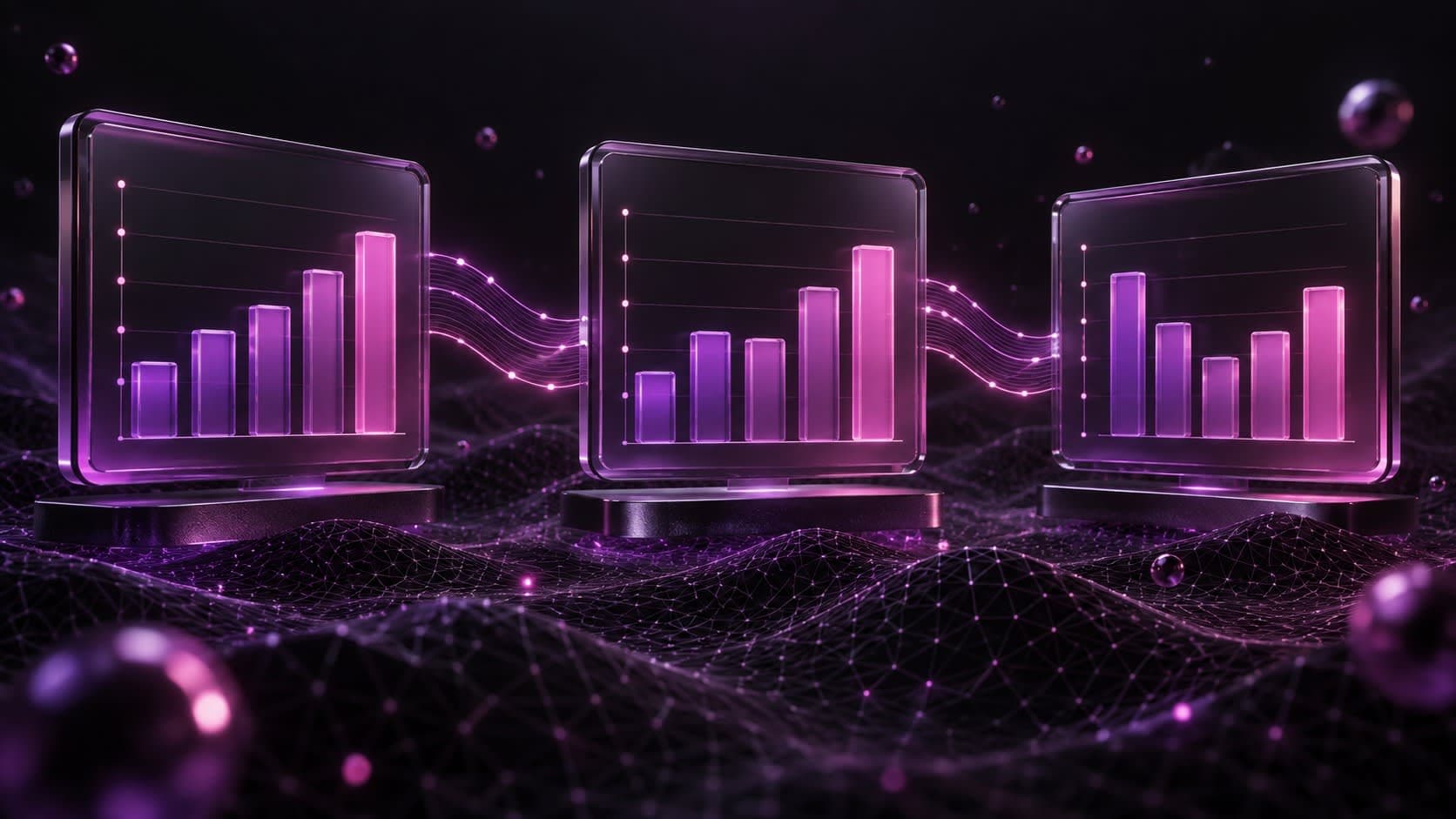 Three glowing 3D dashboard panels connected by light trails, representing comparing website analytics tools