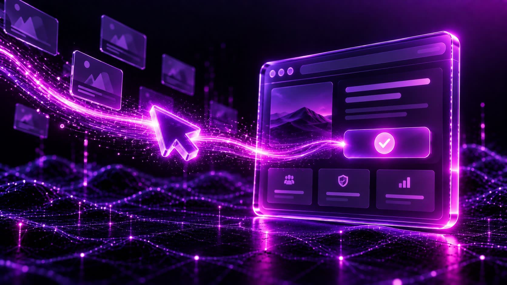 Glowing cursor light trail flowing into a glass landing page panel with a conversion checkmark, representing Google Ads landing pages