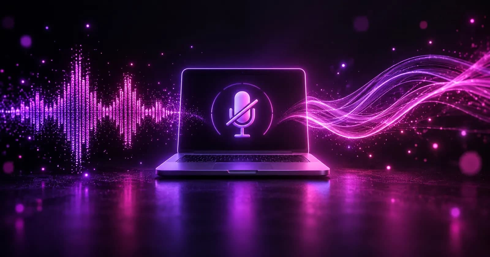 Glowing offline device icon beside a soundwave turning into light streams, representing free offline AI dictation for productivity