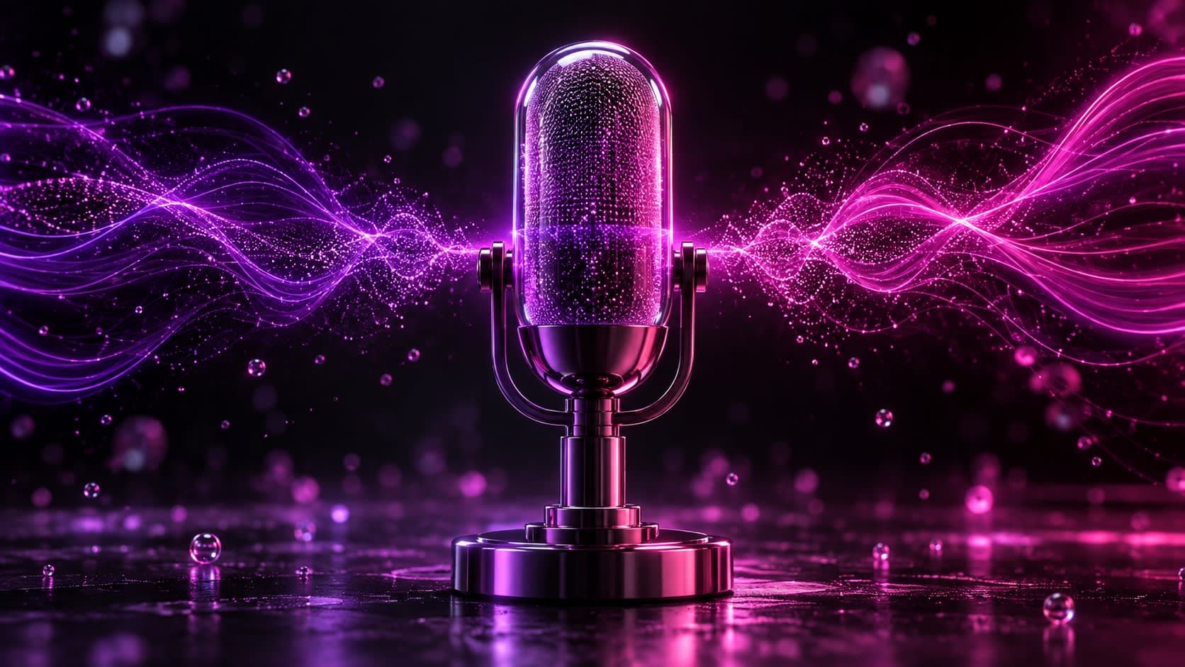 Glowing 3D microphone with soundwave particles flowing into light streams, representing AI dictation for small businesses