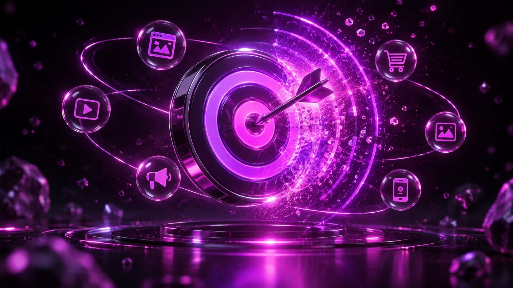 Glowing 3D target icon transforming into a broader radiating light pattern, representing Google AI Max Search campaign upgrades