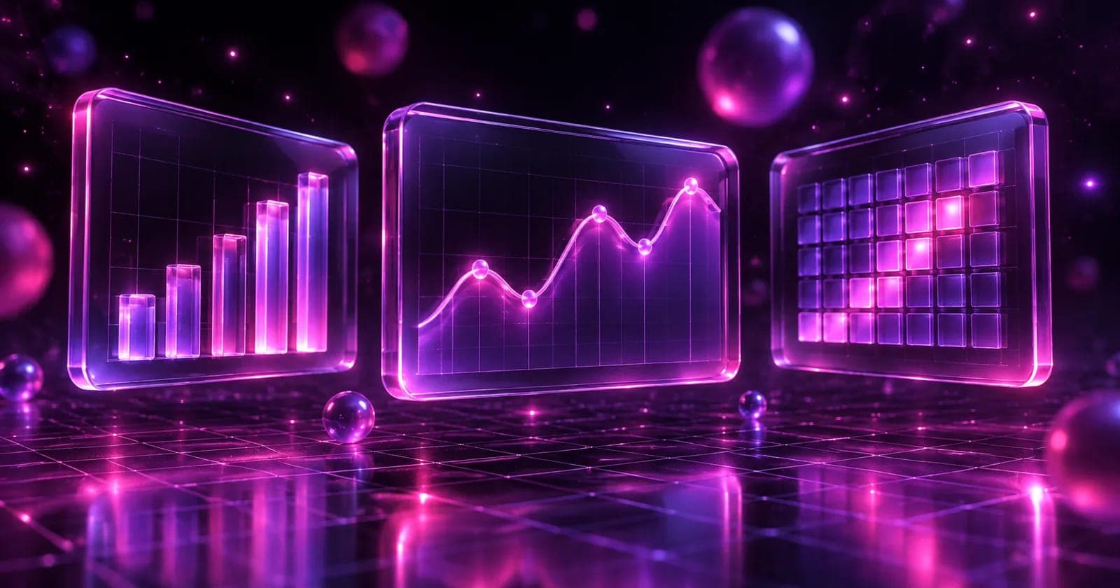 Three glowing 3D analytics panels showing bars, a line curve and a heat grid, representing an analytics tool comparison