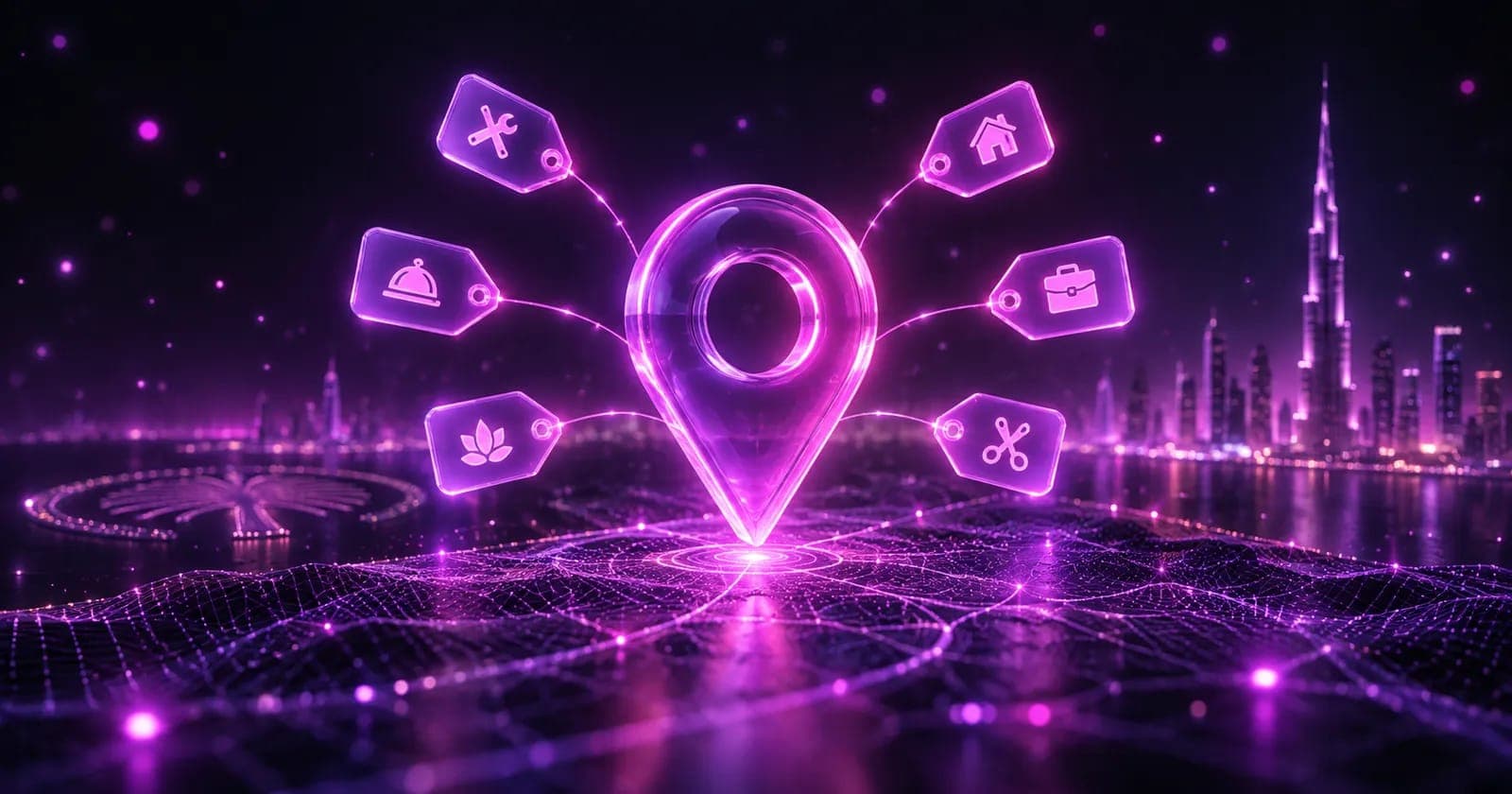 Glowing 3D map pin with branching category tag nodes radiating outward, representing choosing Google Business Profile categories