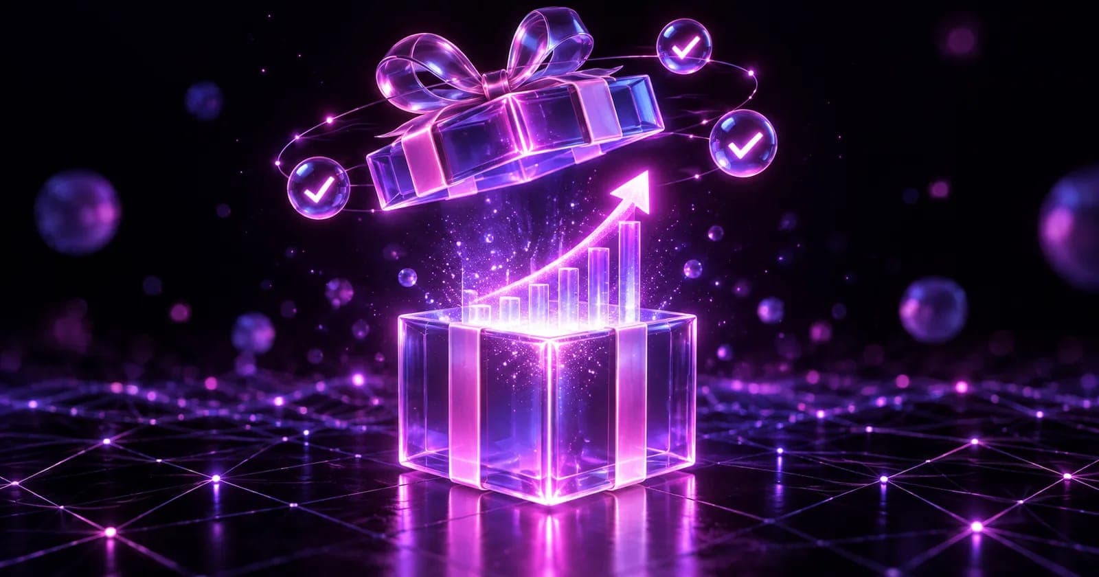 Glowing 3D gift box opening into a rising demand curve with checklist nodes, representing holiday Demand Gen campaigns