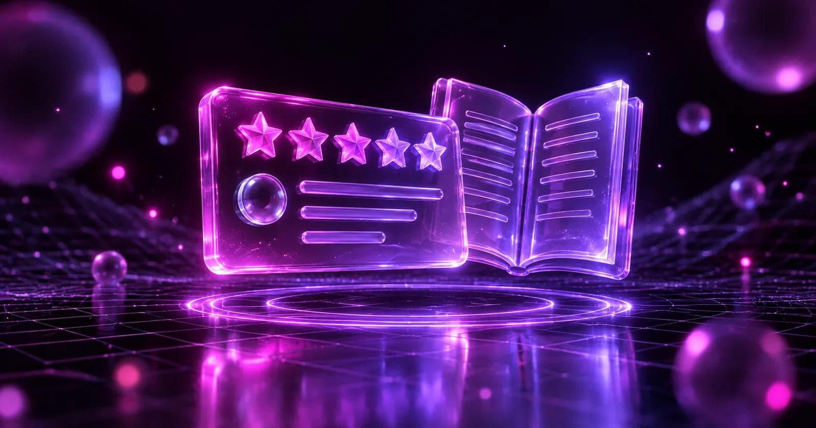 Glowing 3D review snippet card beside an open rulebook panel, representing review snippet rules