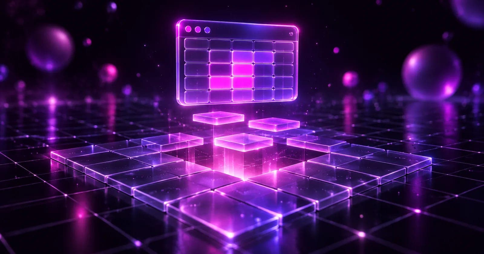 Glowing 3D spreadsheet whose tiles lift into a small app window, representing a mini app built on a sheet