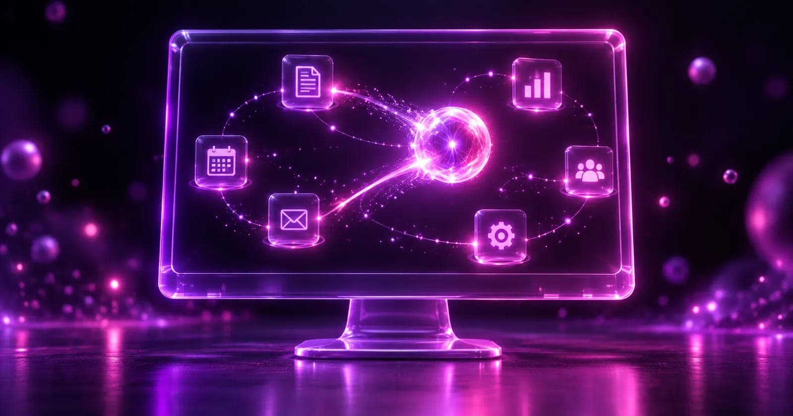 Glowing 3D desktop monitor with an AI agent orb performing tasks inside, representing AI agents built for business operators