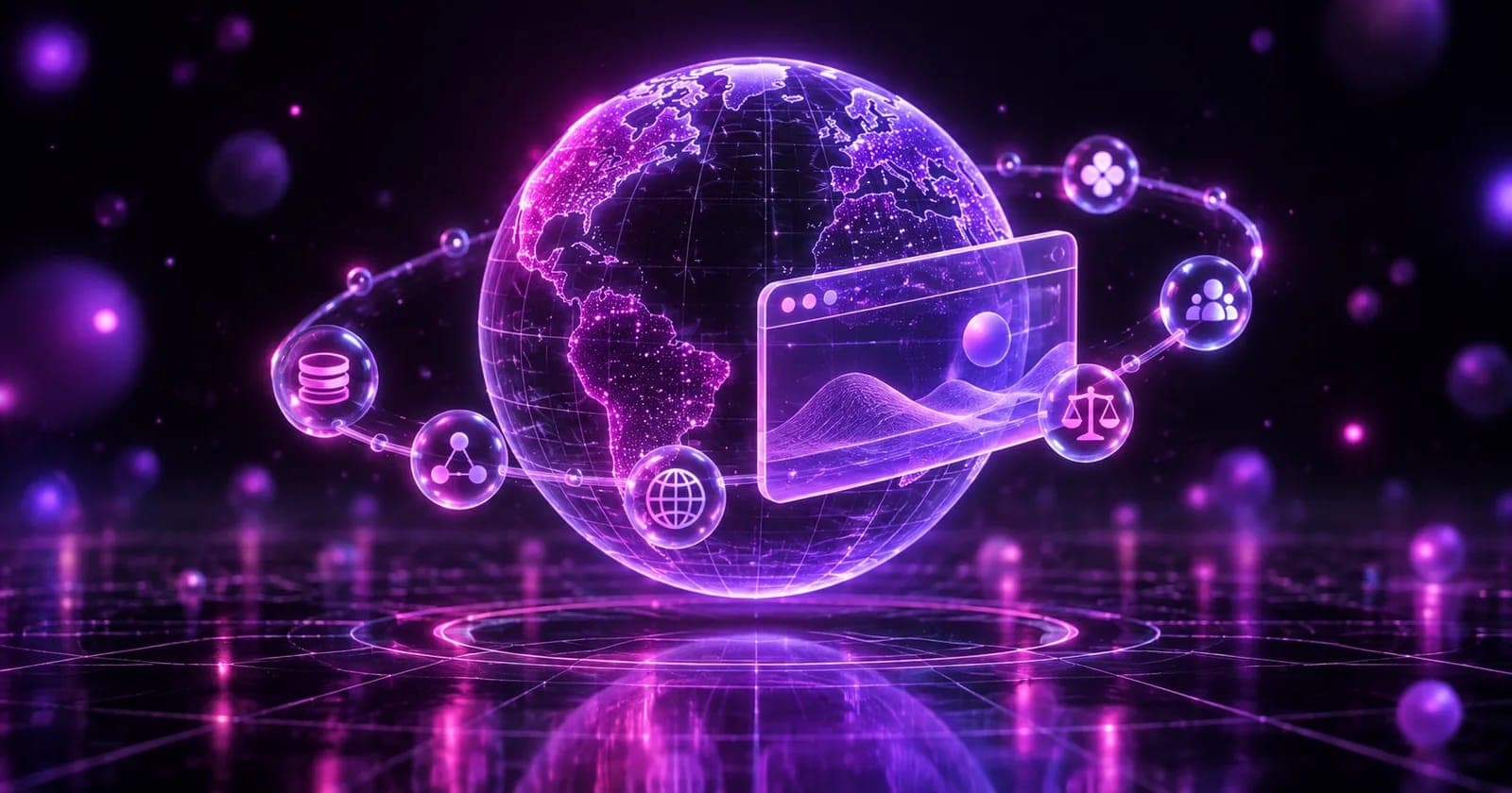 Glowing 3D globe orbited by a browser panel and language glyphs, representing a website ready for international clients