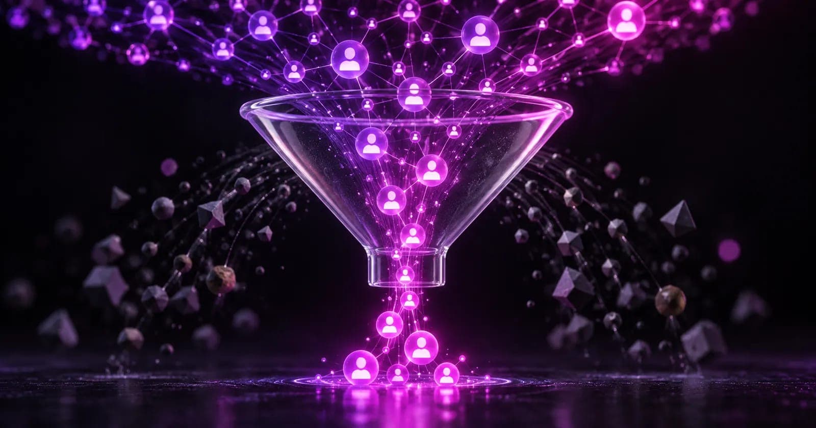 Glowing 3D professional network of nodes passing through a filter that separates quality leads from noise, representing B2B LinkedIn Ads