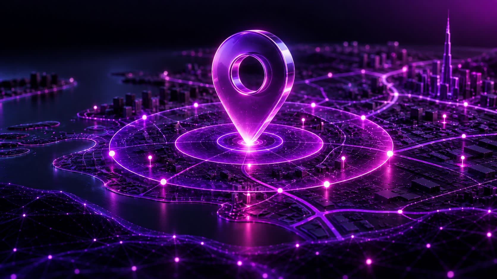 Glowing purple 3D location pin with an expanding service-radius ring over a dark wireframe map, representing local SEO coverage