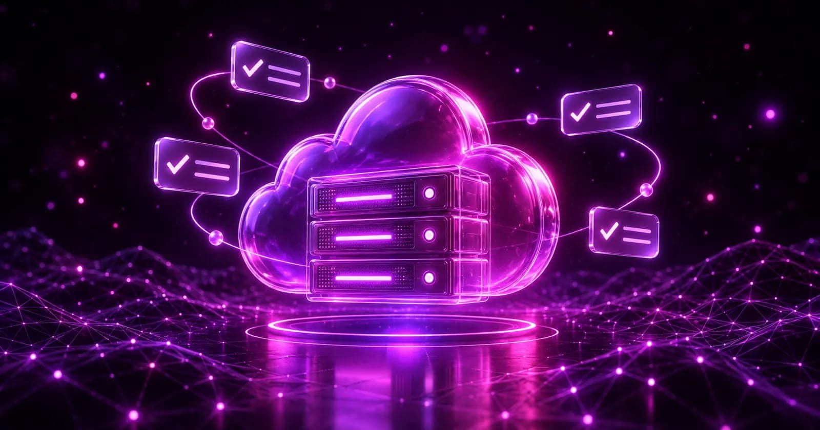 Glowing 3D server icon orbited by checklist nodes, representing a managed hosting checklist for small business websites