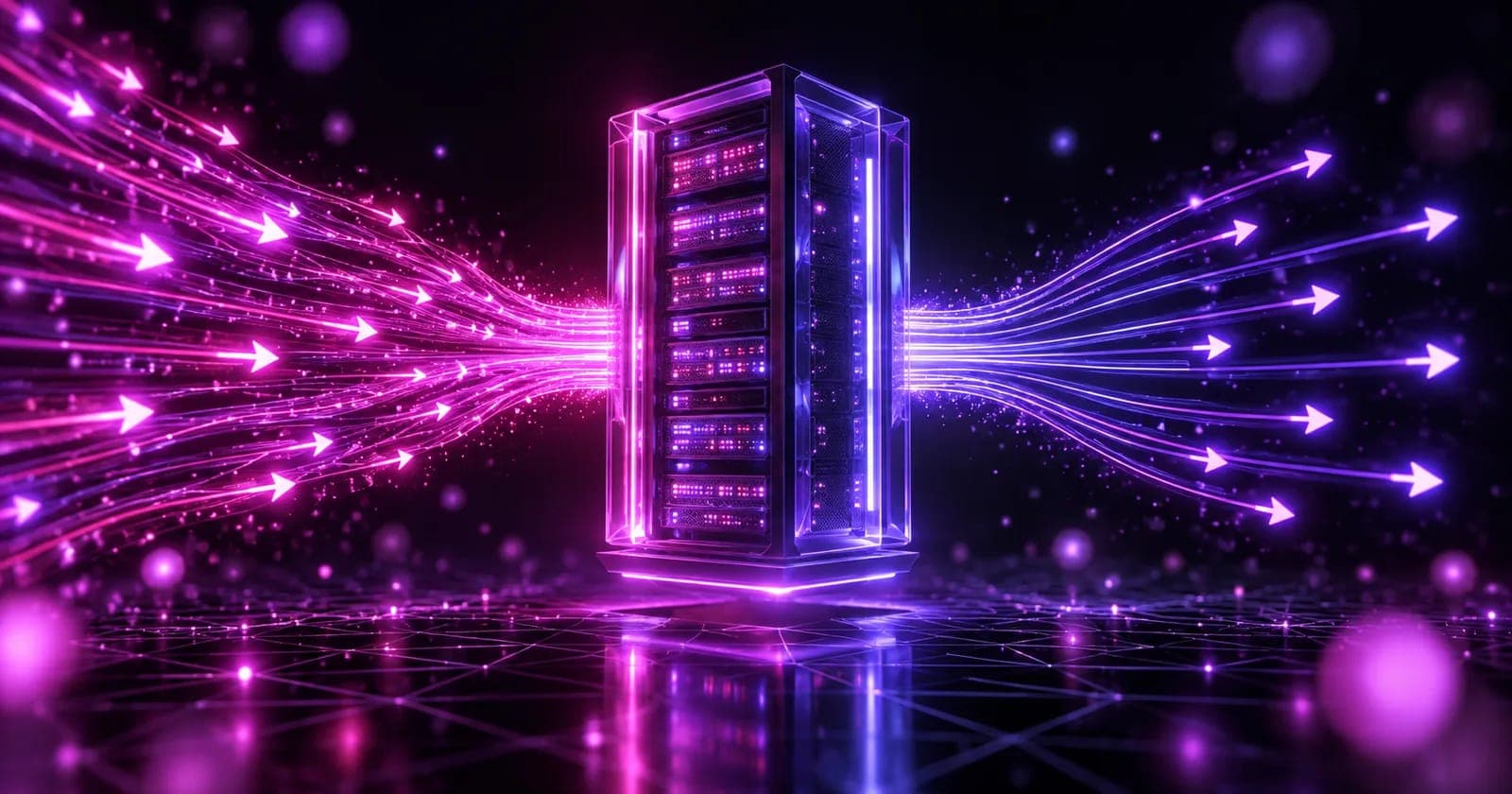 Glowing 3D server tower absorbing converging light arrows and dispersing them evenly, representing hosting for paid traffic