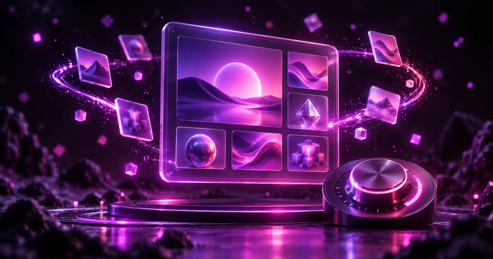 Glowing 3D ad creative panel with an AI spark remixing smaller tile nodes around a control dial, representing Meta Advantage+ creative controls