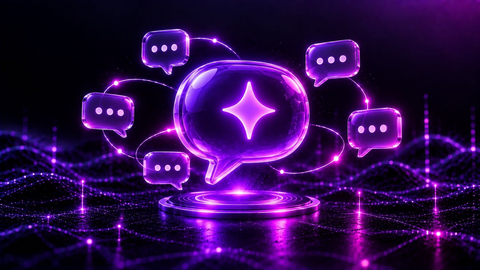 Glowing 3D chat bubble with an AI spark inside, orbited by smaller reply bubbles, representing AI customer service