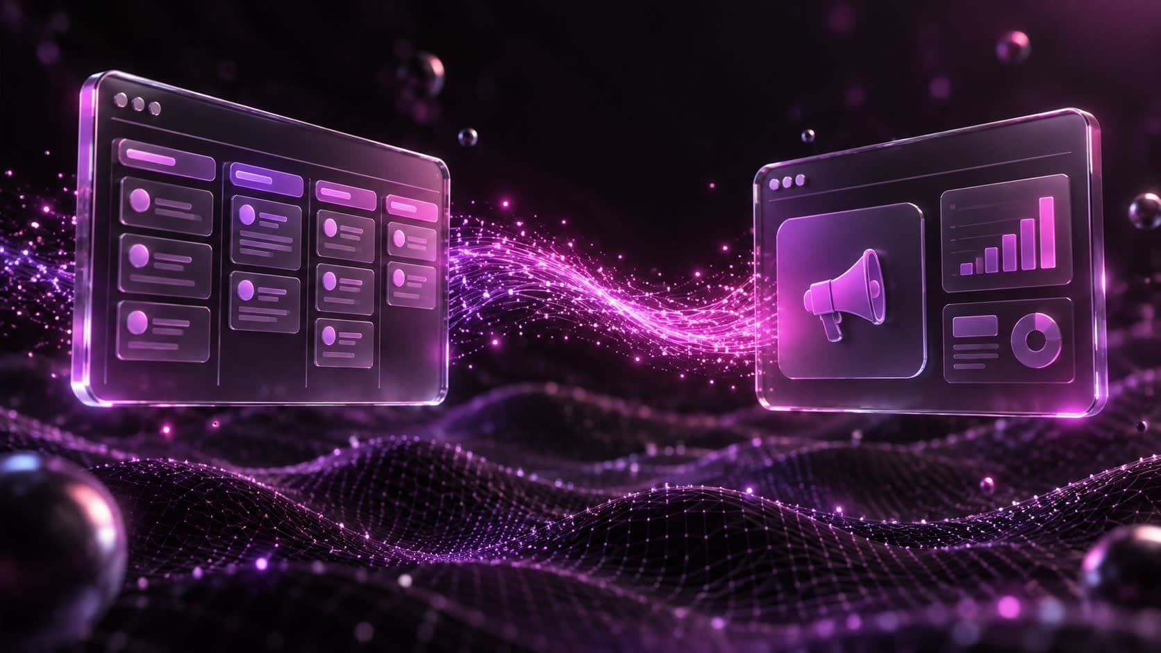 Glowing light bridge connecting a CRM panel to an ad platform icon, representing Meta Conversions API improving lead quality