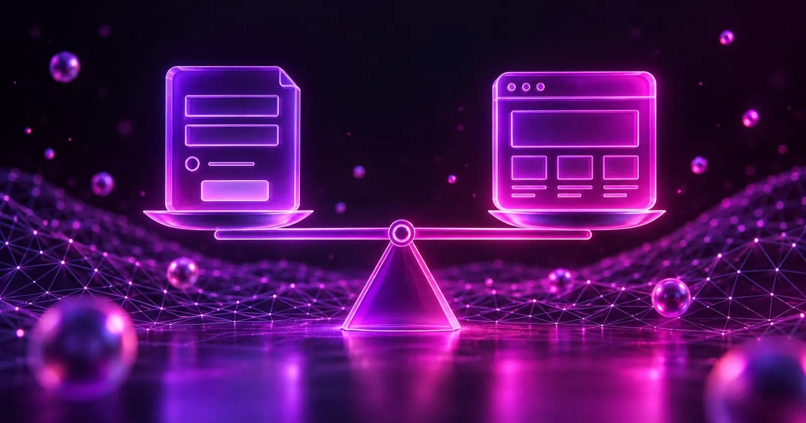 Glowing 3D form icon and landing page icon balanced on a light scale, representing comparing Meta lead forms and landing pages
