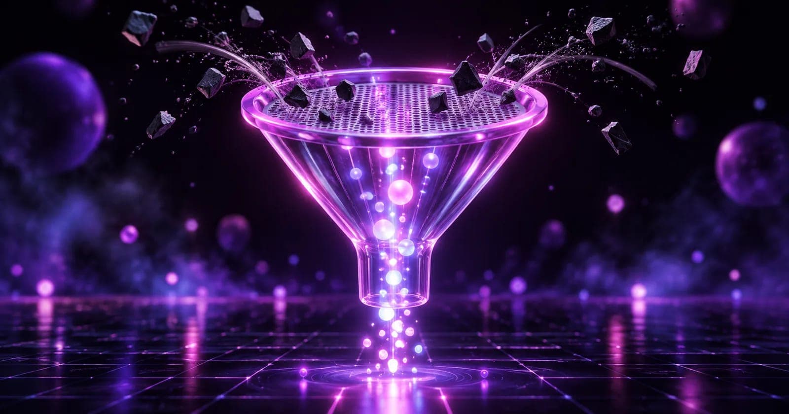 Glowing 3D funnel with a sieve deflecting dark query fragments, representing negative keywords filtering wasted spend
