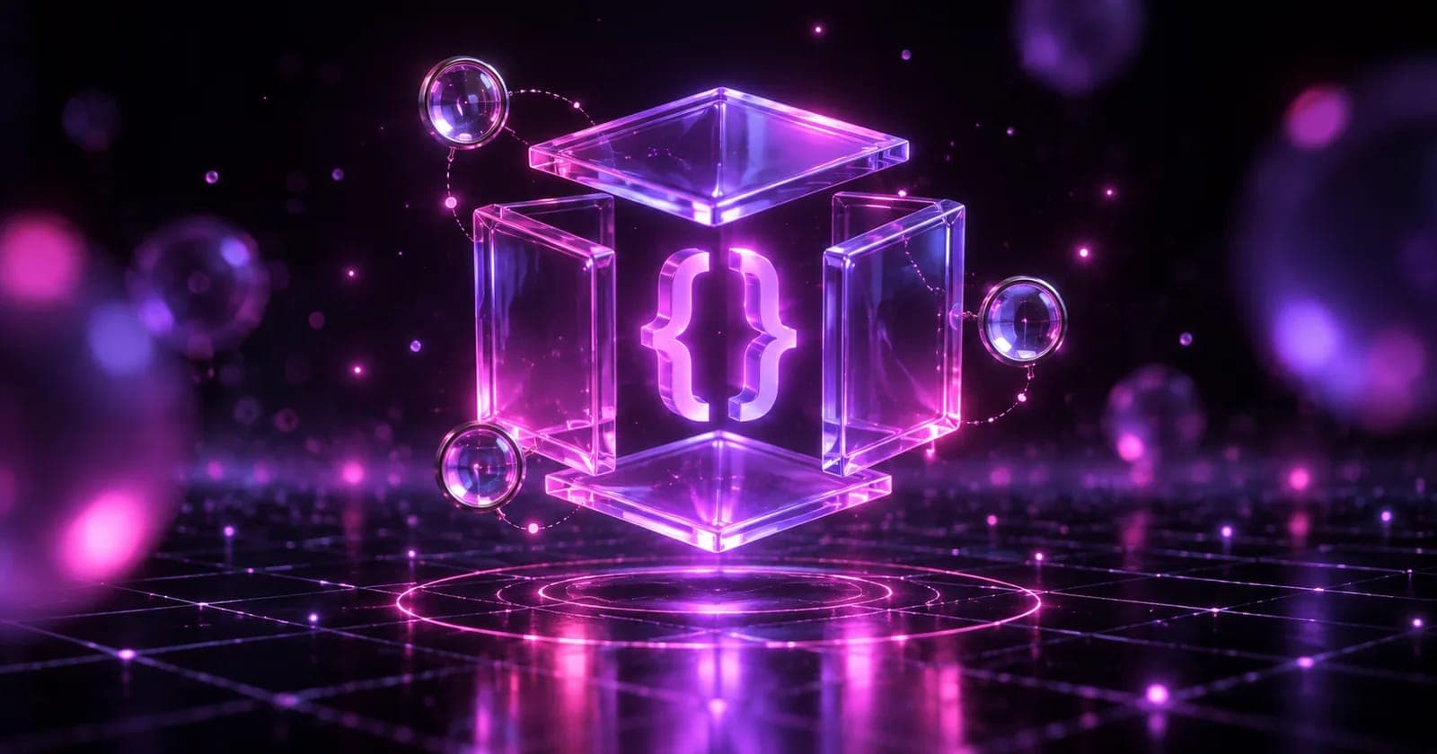 Glowing 3D open cube revealing a code glyph with inspection lenses circling, representing open source AI coding agents